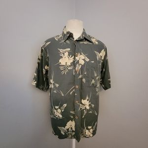 Saxony 100% Silk Men's Hawaiian Button Shirt Green Floral Front Pocket Medium